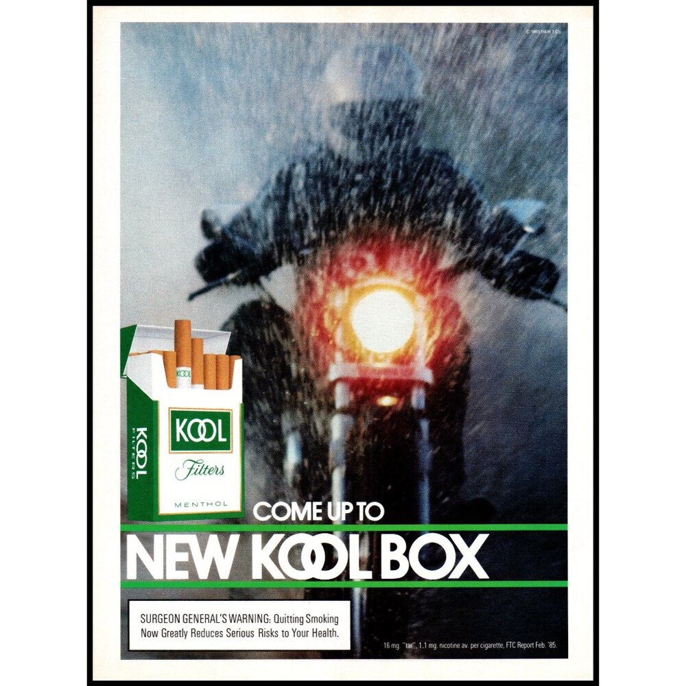 1986 Kool Cigarettes Vintage Print Ad Motorcyle Snow Winter Headlight Wall Art
